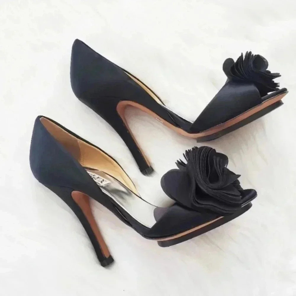 Badgley Mischka Black Satin Peep Toe Heels with Floral Accent